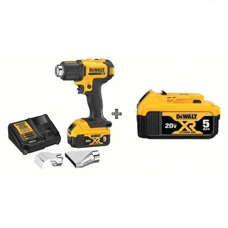 DCE530P1/DCB205 - DEWALT Heat Gun Kit: 20V DC, (2) 5.0 Ah, 500°F to 990°F, 6.7 cfm Max Air Flow, Bat